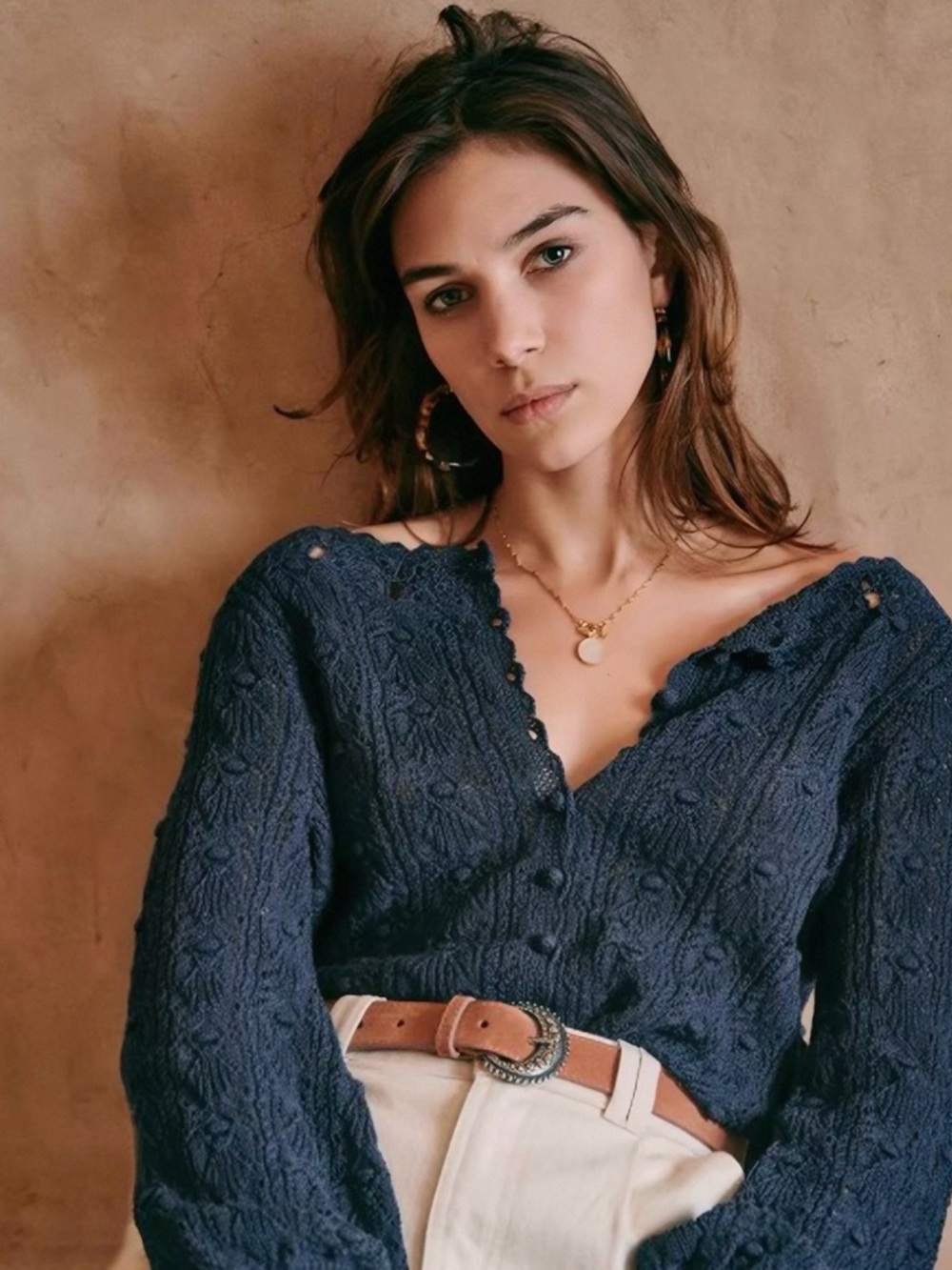 Women's Navy Crochet Knit Sweater - Casual Openwork Pullover size small